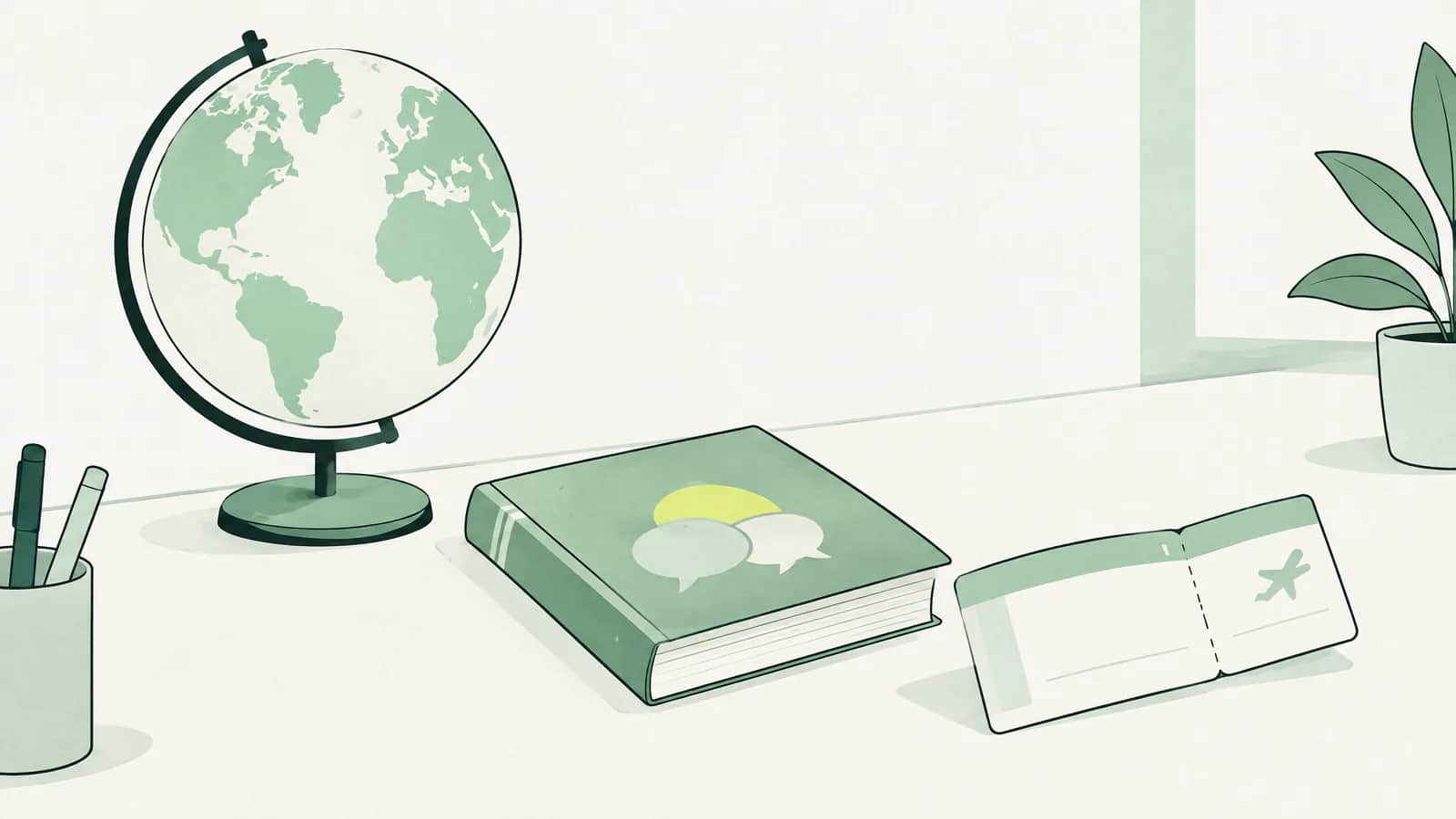 Illustration: Globus, Sprachlehrbuch und gefaltete leere Bordkarte auf einem Schreibtisch