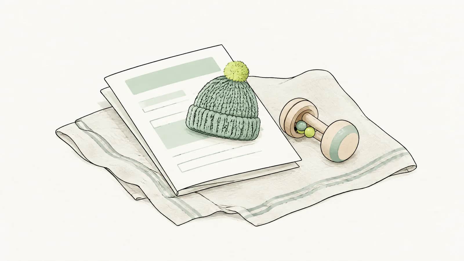 Illustration: Gestrickte Mütze auf einem Anmeldeformular neben einer Holzrassel
