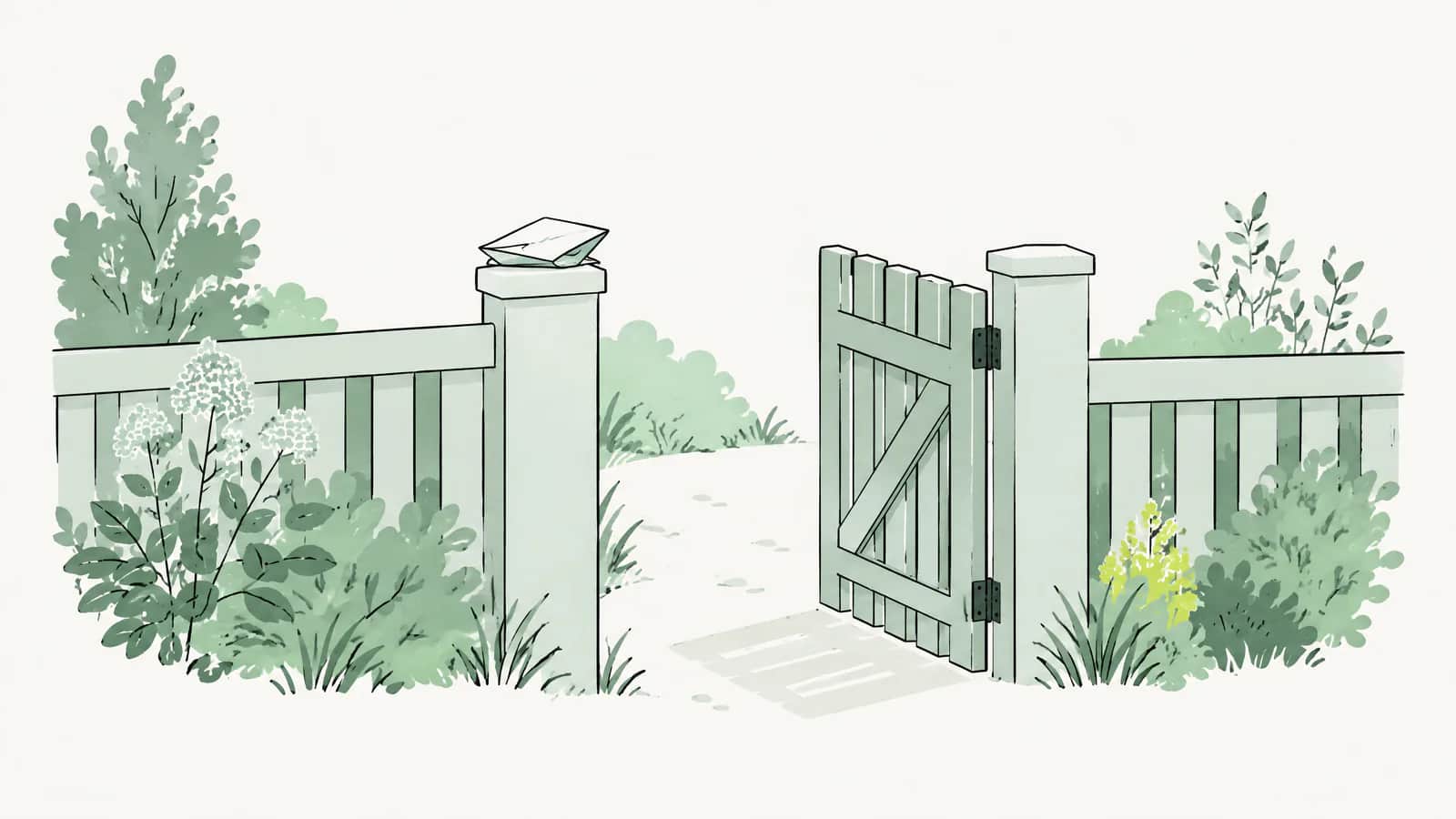 Illustration: Offenes Gartentor in einem niedrigen Zaun, auf dem Torpfosten liegt ein gefaltetes Dokument