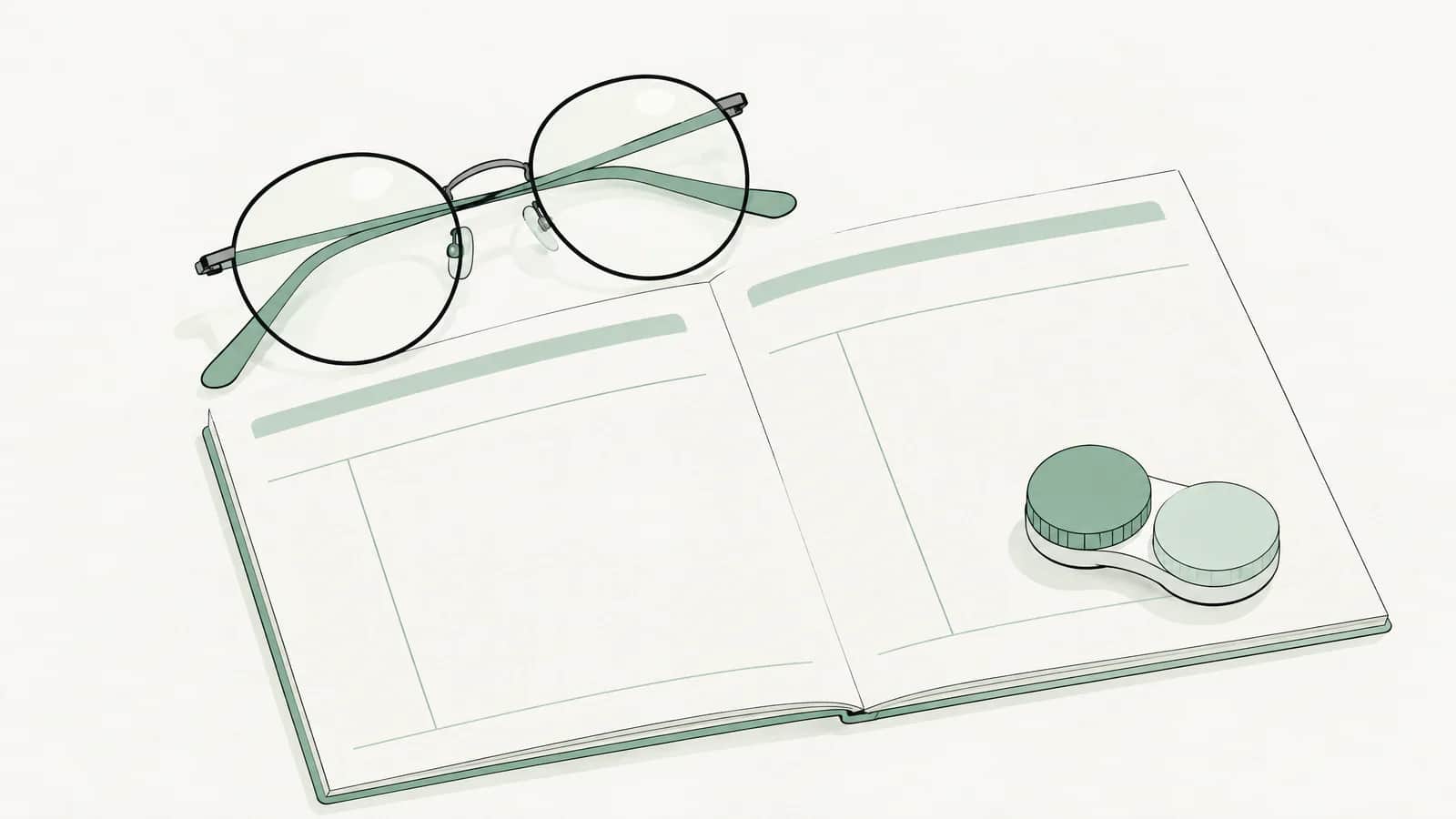 Illustration: Runde Brille und Kontaktlinsenetui auf einem leeren Rezeptblock