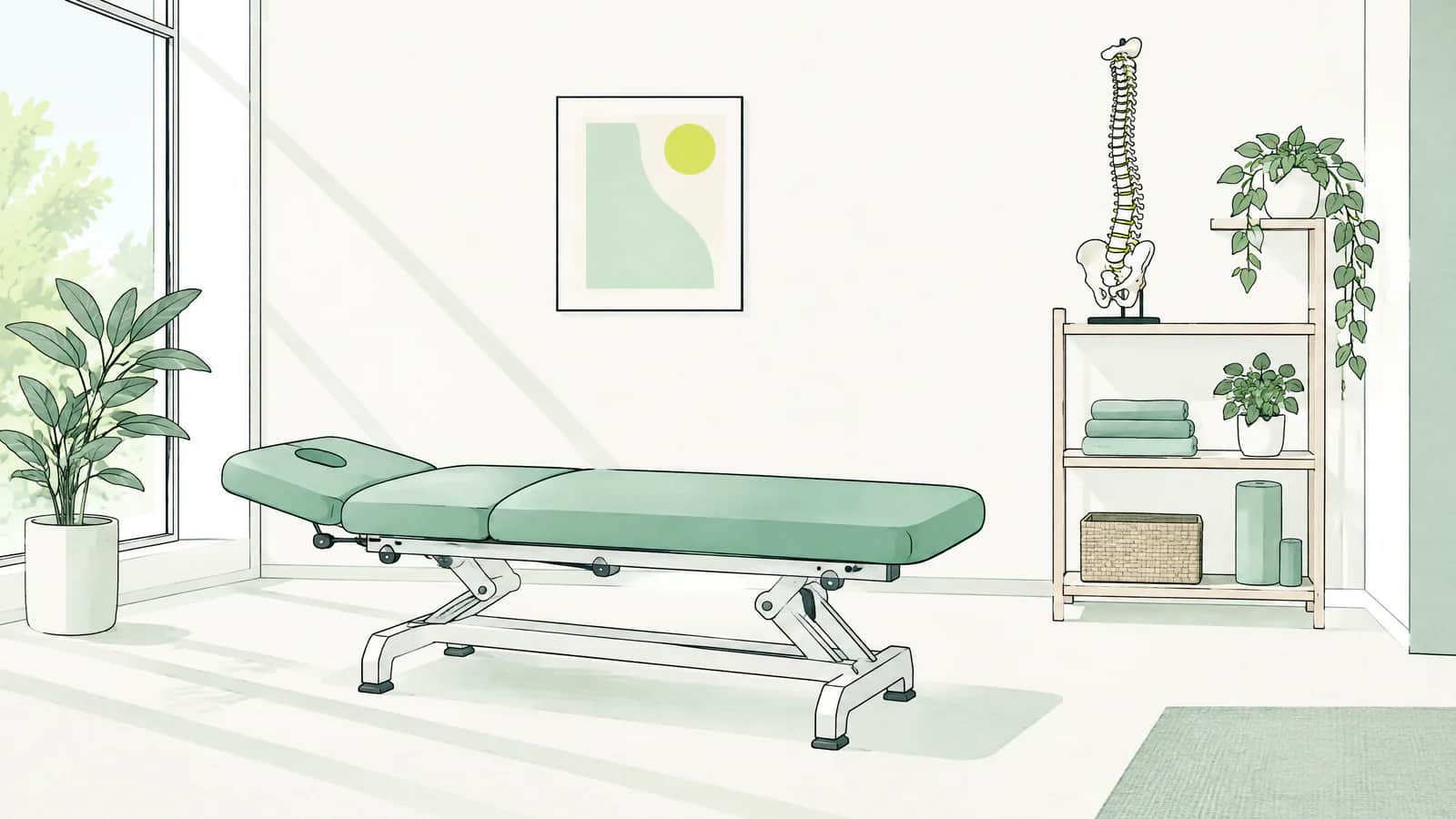Illustration: Gepolsterte Behandlungsbank in einem hellen Praxisraum, auf dem Regal ein Modell der Wirbelsäule