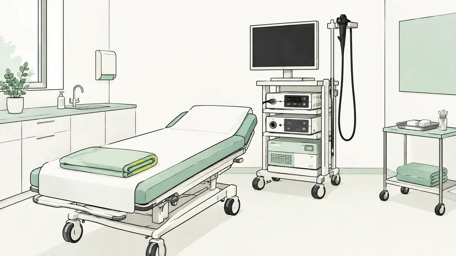 Illustration: Aufgeräumter Untersuchungsraum mit ausgeschaltetem Bildschirm und gefalteter Decke auf der Liege