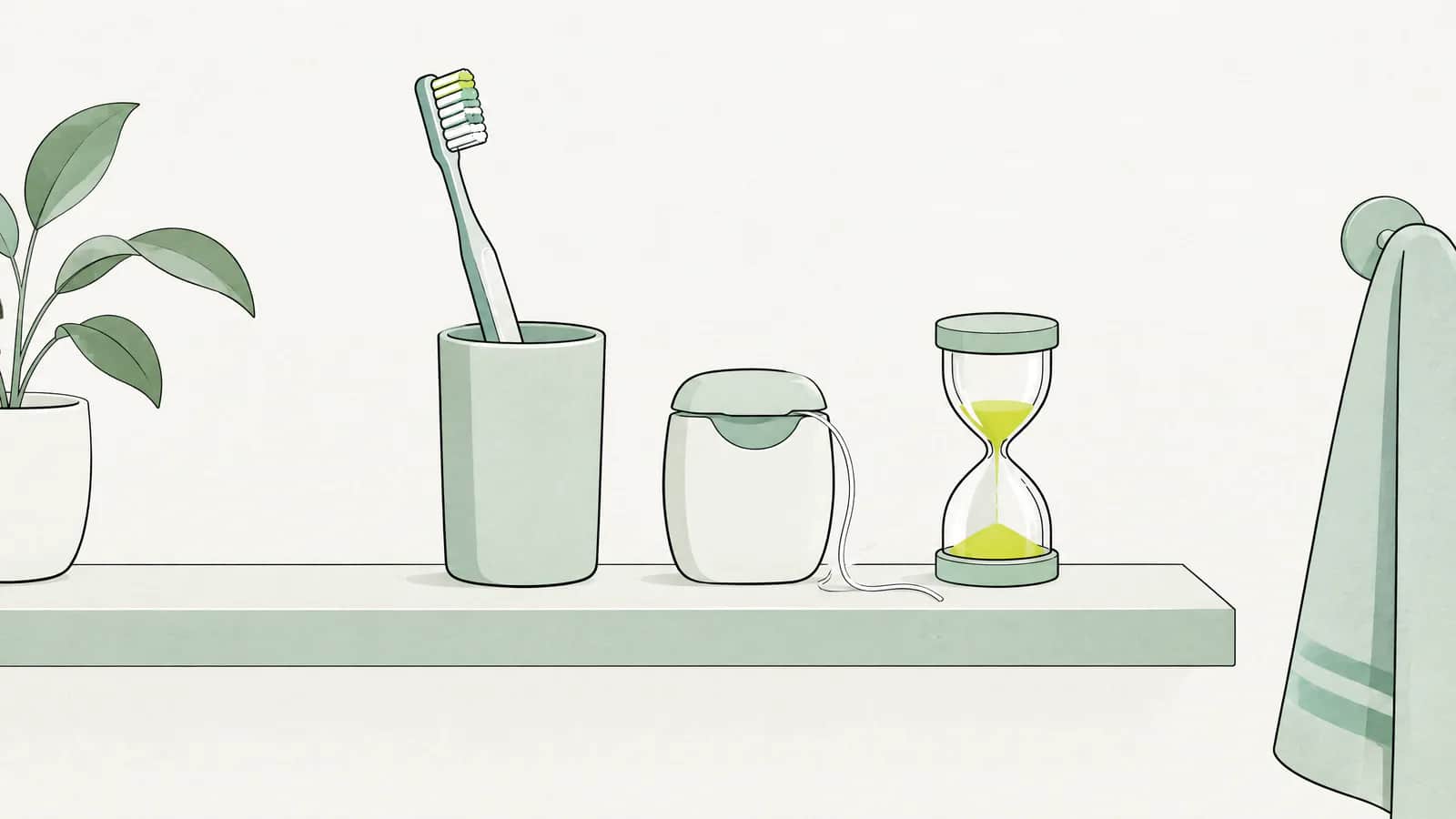 Illustration: Zahnbürste, Zahnseide und eine kleine Sanduhr auf einem sauberen Badezimmerregal