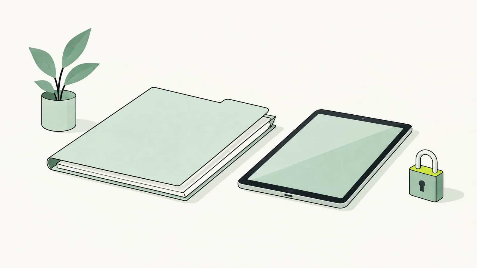 Illustration: Ordner mit medizinischen Unterlagen geht in ein schmales Tablet über, daneben ein kleines Vorhängeschloss