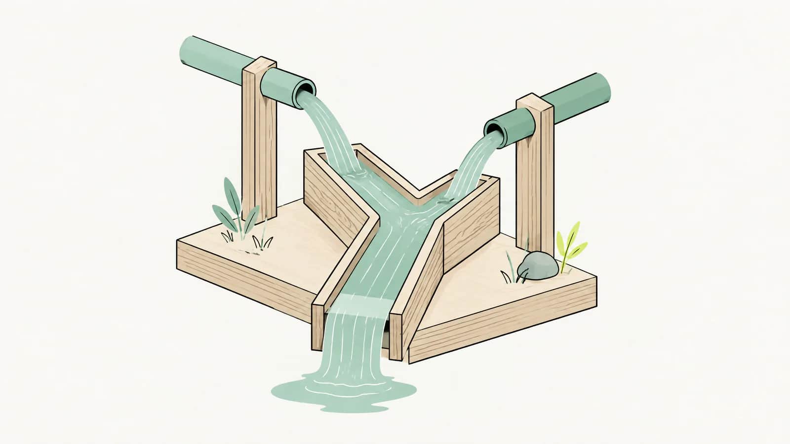 Illustration: zwei Wasserströme aus verschiedenen Rohren fliessen auf einem kleinen Holzmodell in einen gemeinsamen Kanal
