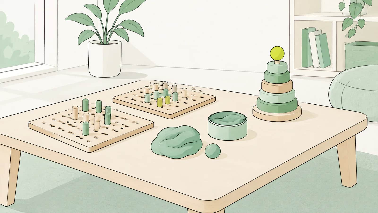 Illustration: Steckbretter aus Holz, Therapieknete und ein Stapelspiel auf einem niedrigen Tisch in einem hellen Raum
