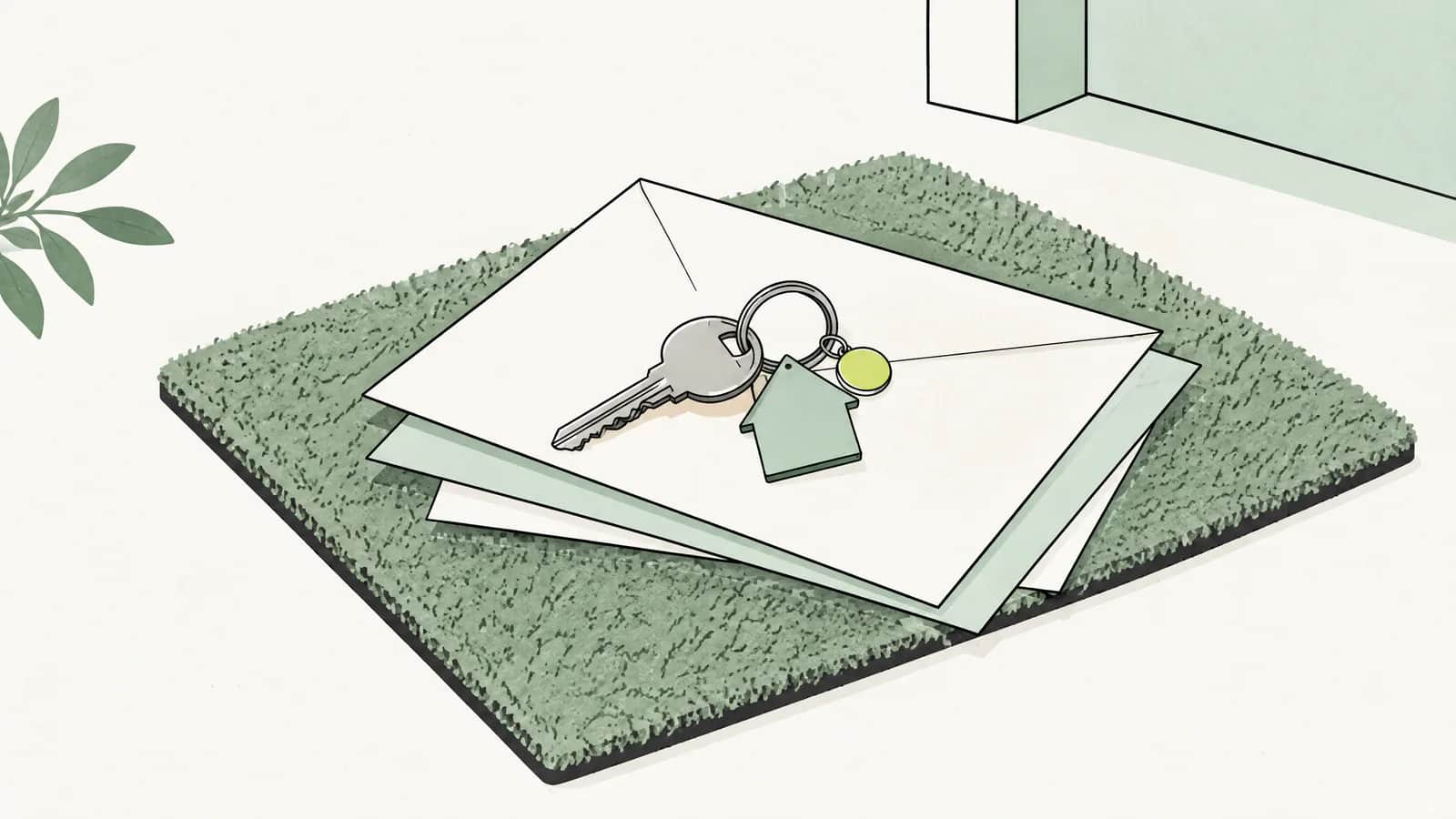 Illustration: Neuer Wohnungsschlüssel an einem Schlüsselring auf einem kleinen Briefstapel auf einer Fussmatte