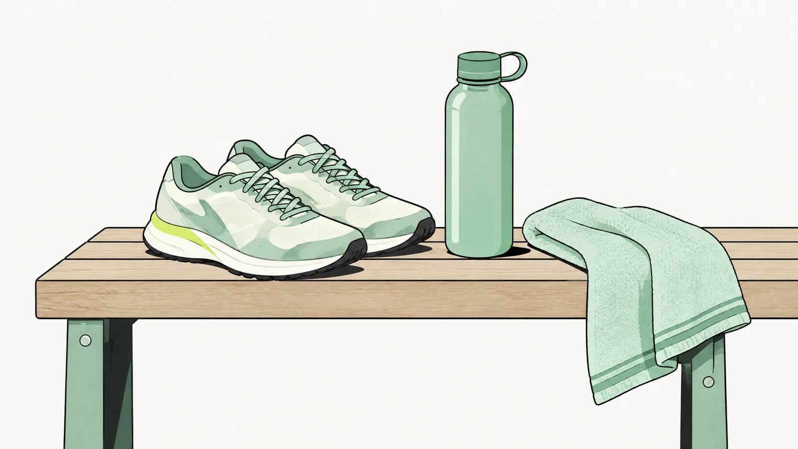 Illustration: Ein Paar Laufschuhe, eine Wasserflasche und ein gefaltetes Handtuch auf einer Holzbank
