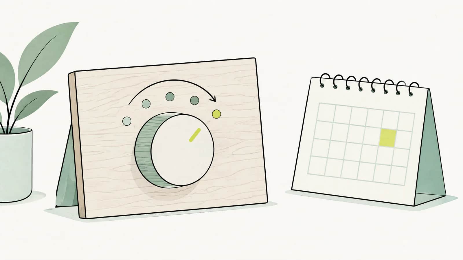 Illustration: Drehknopf auf einer Holzplatte zwischen markierten Positionen, daneben ein Tischkalender