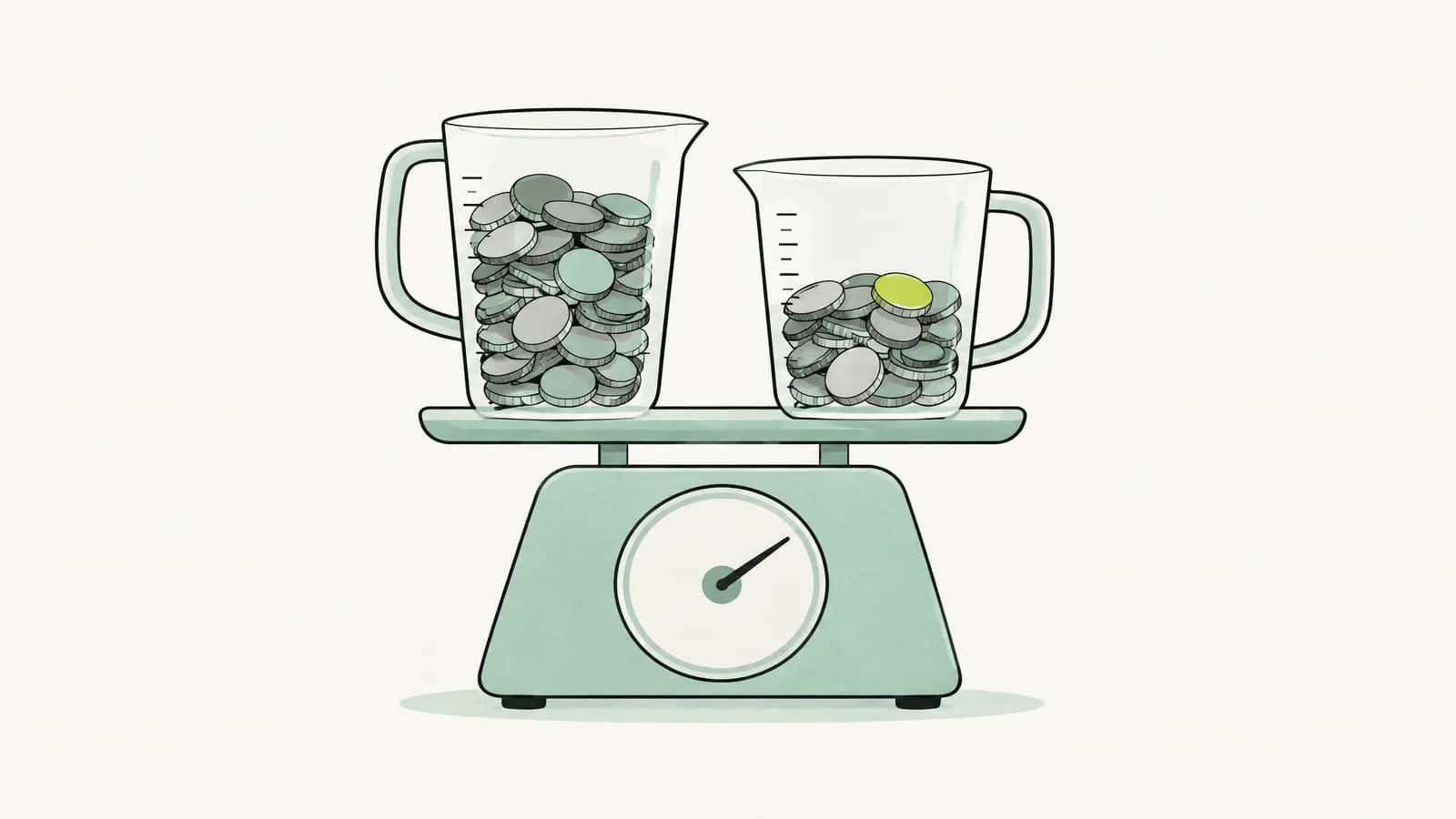 Illustration: Zwei Messbecher, unterschiedlich hoch mit Münzen gefüllt, nebeneinander auf einer Küchenwaage