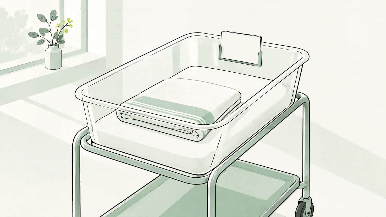 Illustration: Ordentlich bezogenes Spitalbettchen mit gefalteter Decke und leerem Namenskärtchen im Morgenlicht