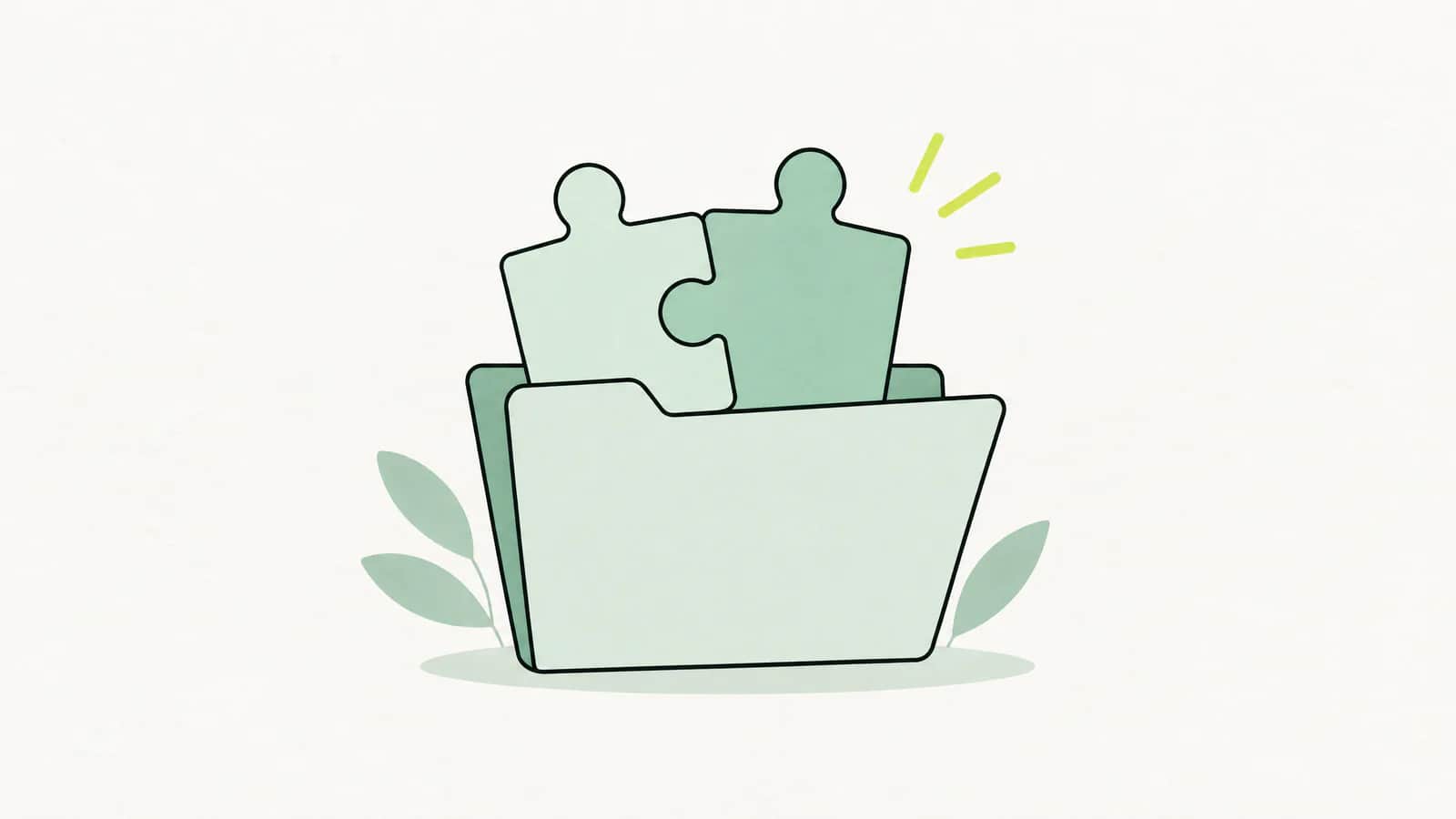 Illustration: Zwei ineinandergreifende Puzzleteile in verschiedenen Farben auf einer Aktenmappe