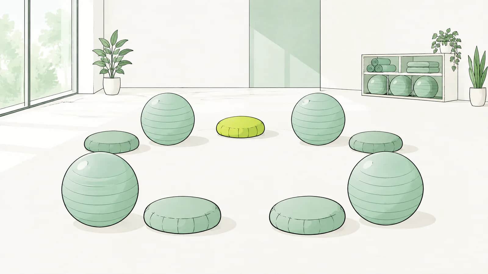 Illustration: Gymnastikbälle und Bodenkissen im Kreis angeordnet in einem hellen Kursraum