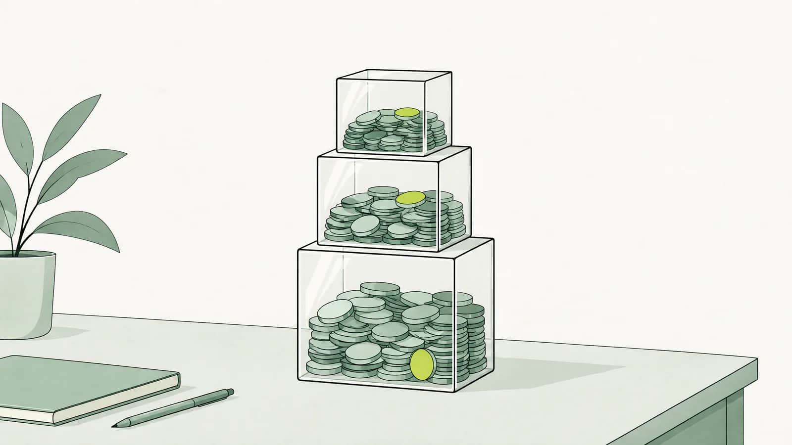 Illustration: Drei gestapelte durchsichtige Boxen mit Münzen in unterschiedlicher Höhe bilden einen kleinen Turm auf einem Schreibtisch
