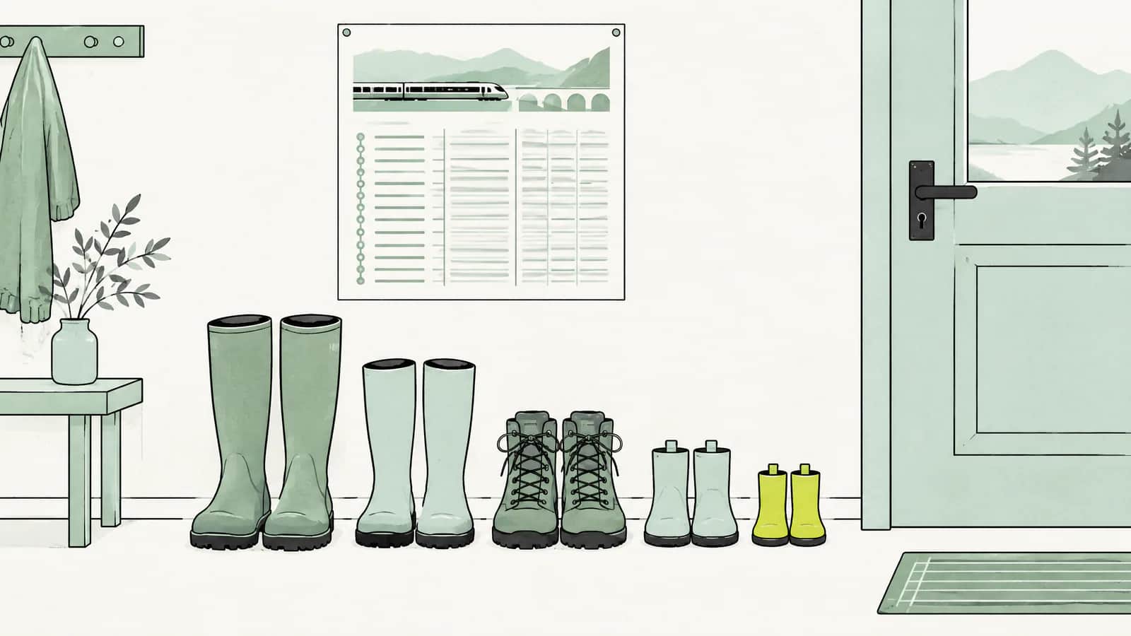 Illustration: Mehrere Paar Stiefel verschiedener Grösse stehen an einer Tür, darüber hängt ein Zugfahrplan