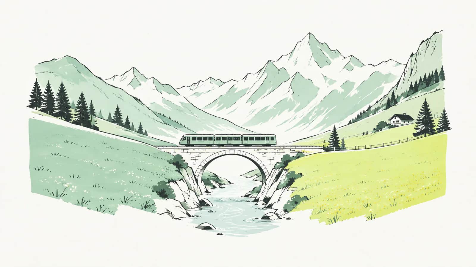 Illustration: Modell eines Alpentals, ein kleiner Zug fährt über eine Brücke zwischen zwei verschieden gefärbten Wiesen