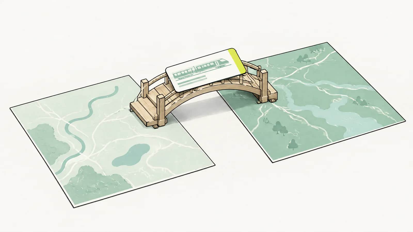 Illustration: Kleines Holzbrückenmodell über zwei verschiedenfarbigen Kartenblättern, darauf ein Pendlerbillett