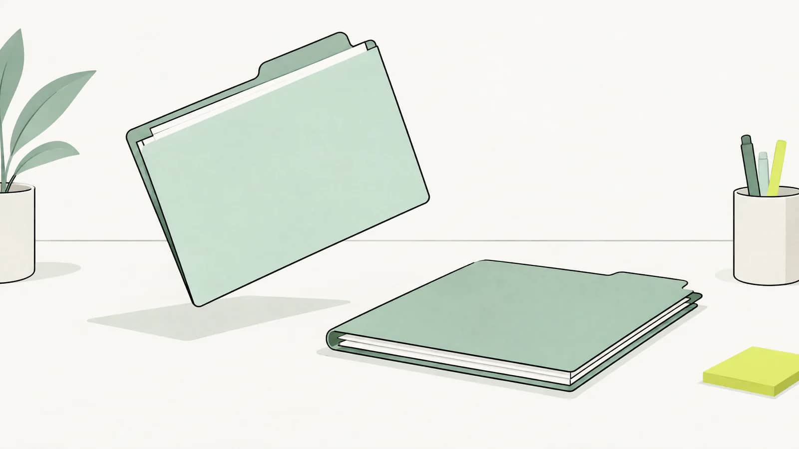 Illustration: zwei getrennte Aktenmappen auf einem Schreibtisch, eine wird angehoben, die andere bleibt ordentlich liegen