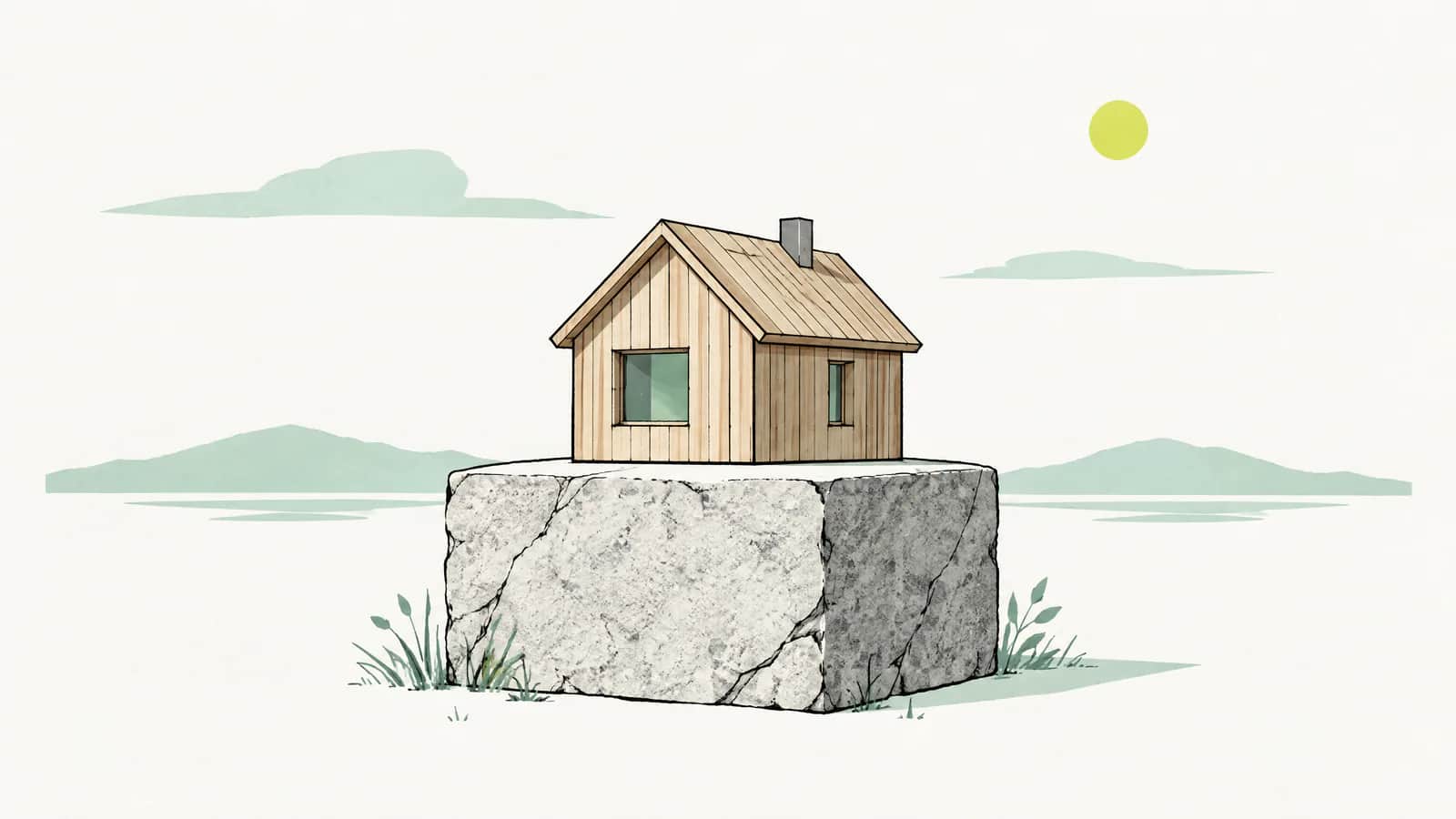 Illustration: Solider Fundamentblock aus Stein mit einem kleinen Holzhaus darauf vor einem hellen Himmel
