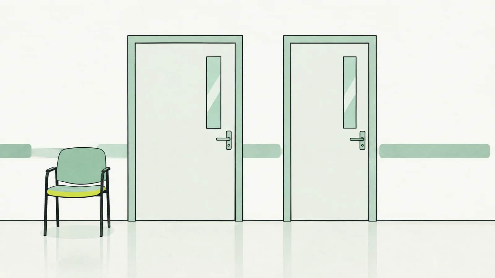 Illustration: Zwei Türen zu Spitalzimmern nebeneinander, eine etwas breiter, im Korridor steht ein einzelner Stuhl