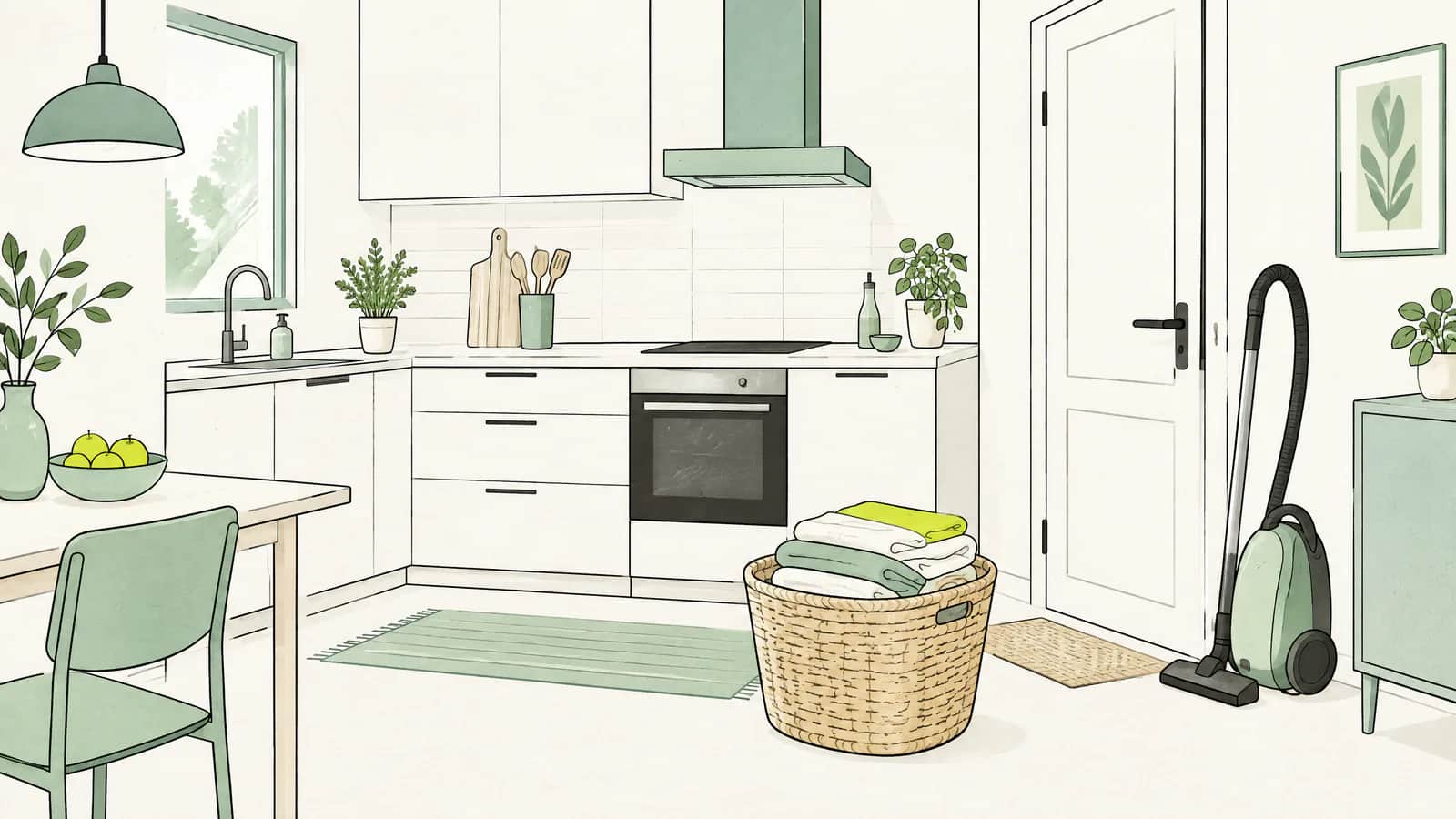 Illustration: Aufgeräumte Küche mit einem Korb gefalteter Wäsche und einem Staubsauger neben der Tür