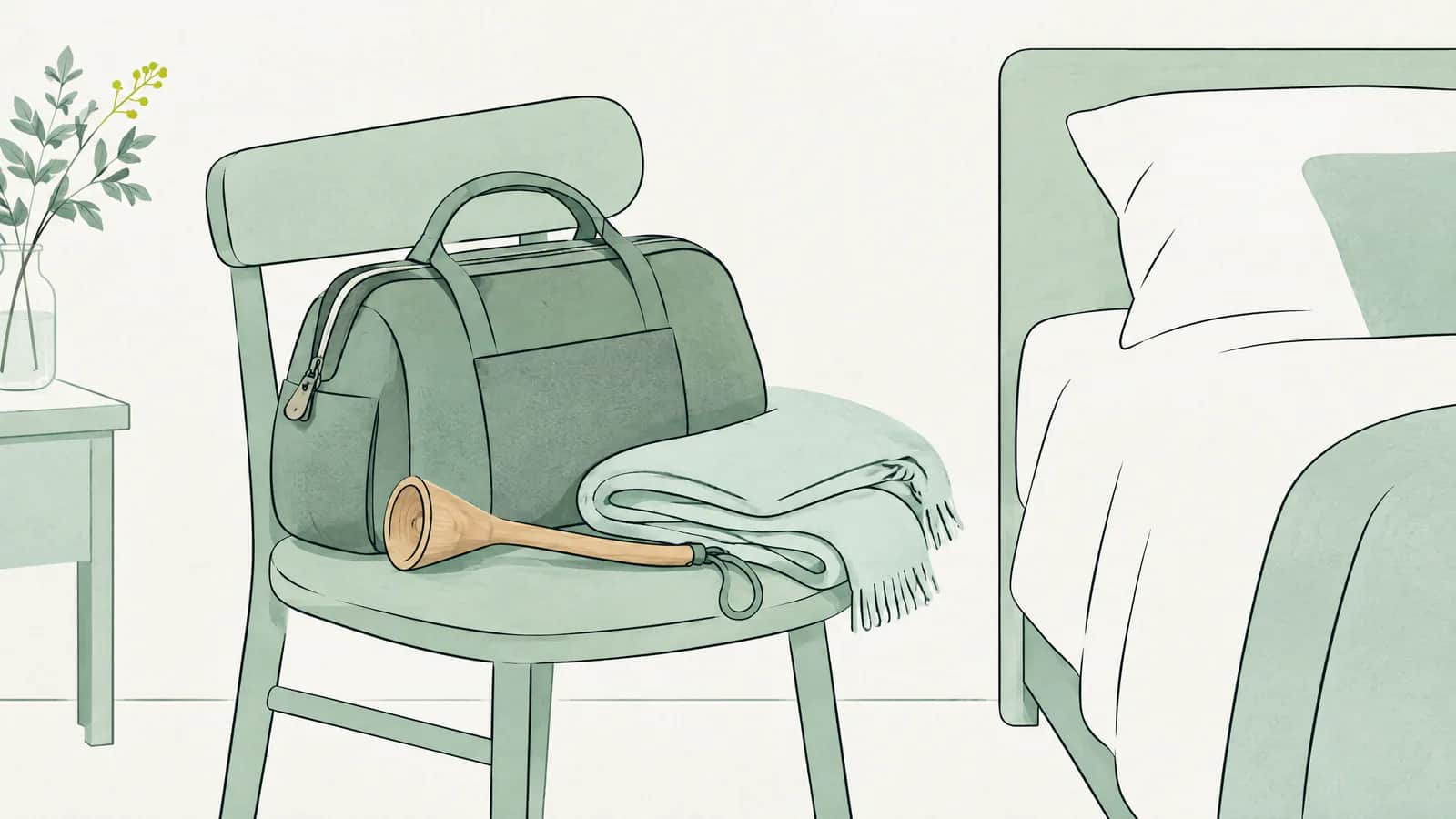 Illustration: Hebammentasche mit hölzernem Hörrohr und gefalteter Decke auf einem Stuhl neben einem Bett