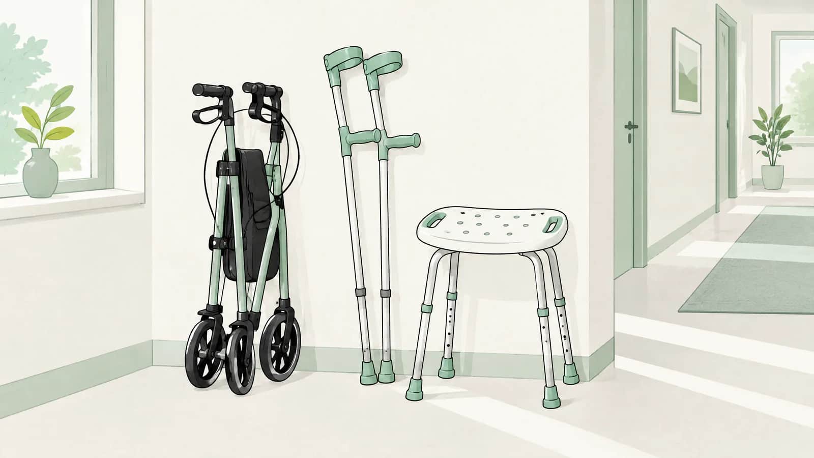 Illustration: Zusammengeklappter Rollator neben einem Paar Krücken und einem Duschhocker in einem hellen Flur