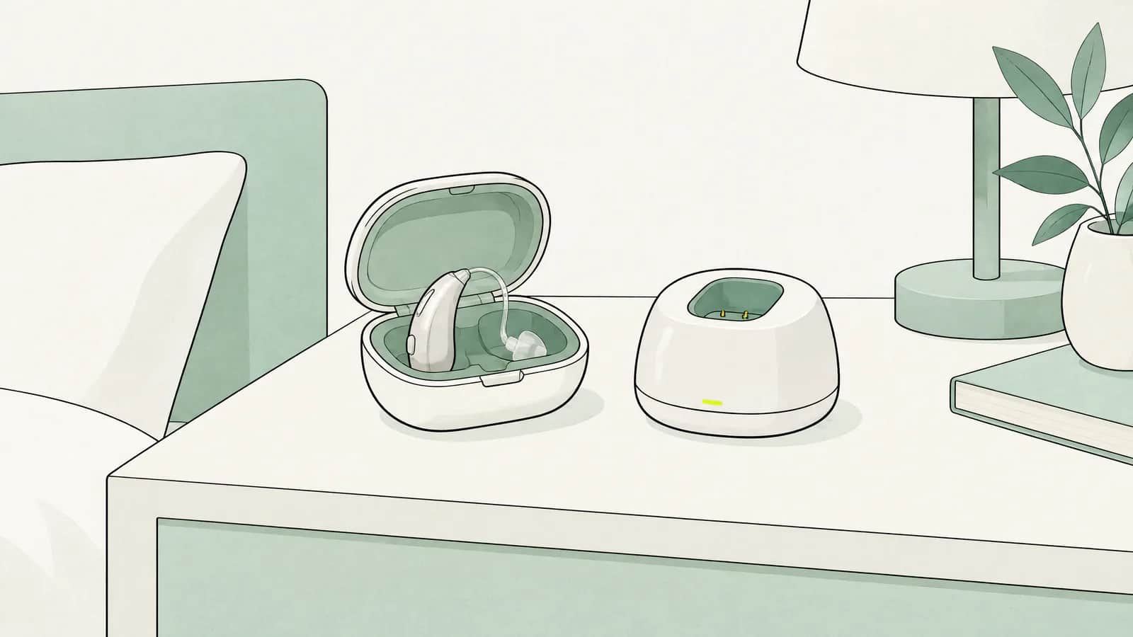 Illustration: Kleines Hinter-dem-Ohr-Hörgerät in offenem Etui neben einer Ladeschale auf dem Nachttisch