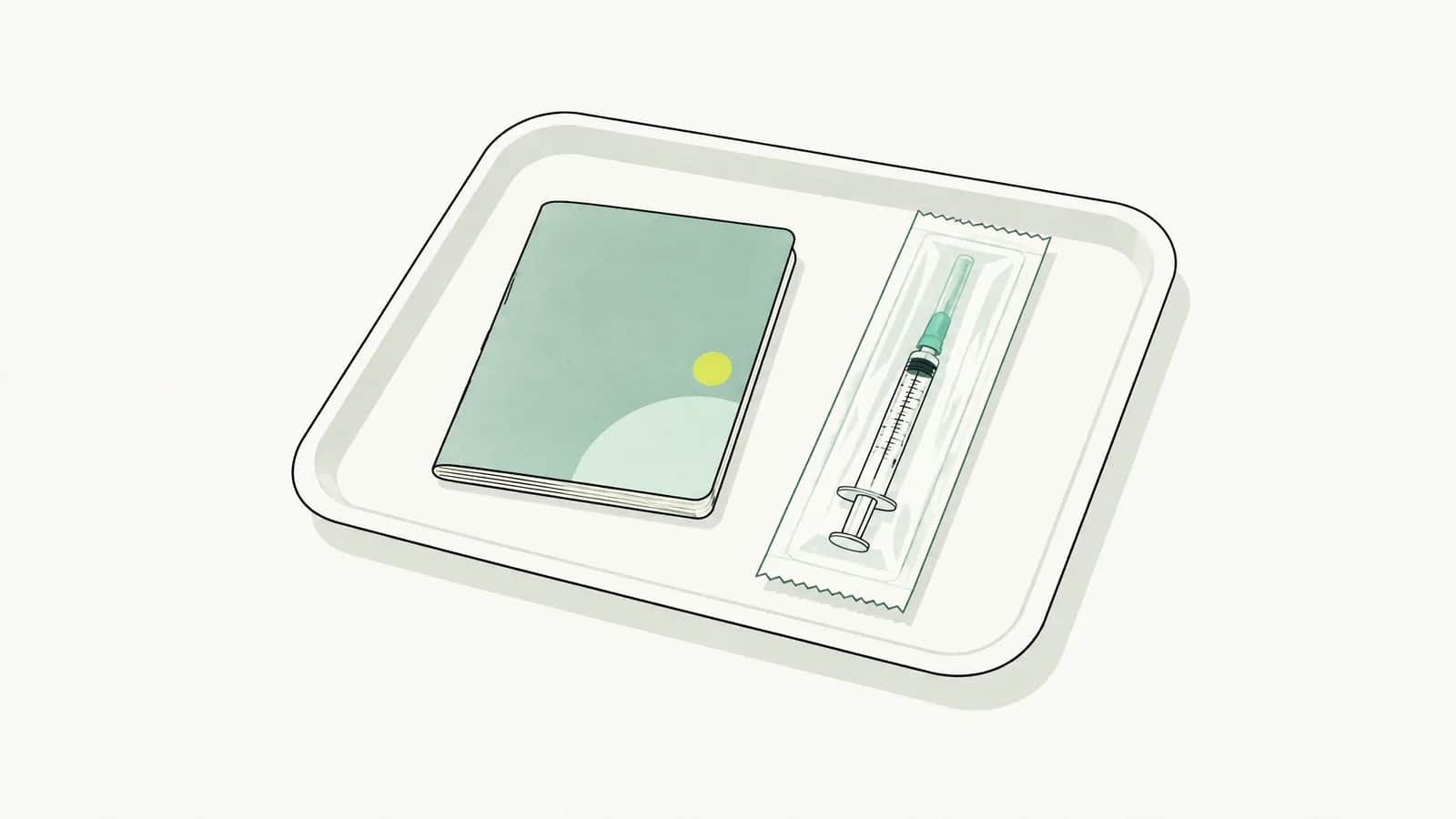 Illustration: Geschlossenes Impfbüchlein neben einer versiegelten Spritzenpackung auf einem weissen Tablett