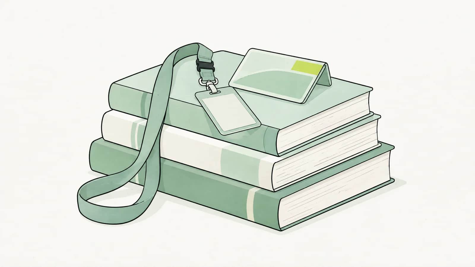 Illustration: Stapel Universitätsbücher mit Schlüsselband und gefalteter Krankenversicherungskarte obenauf