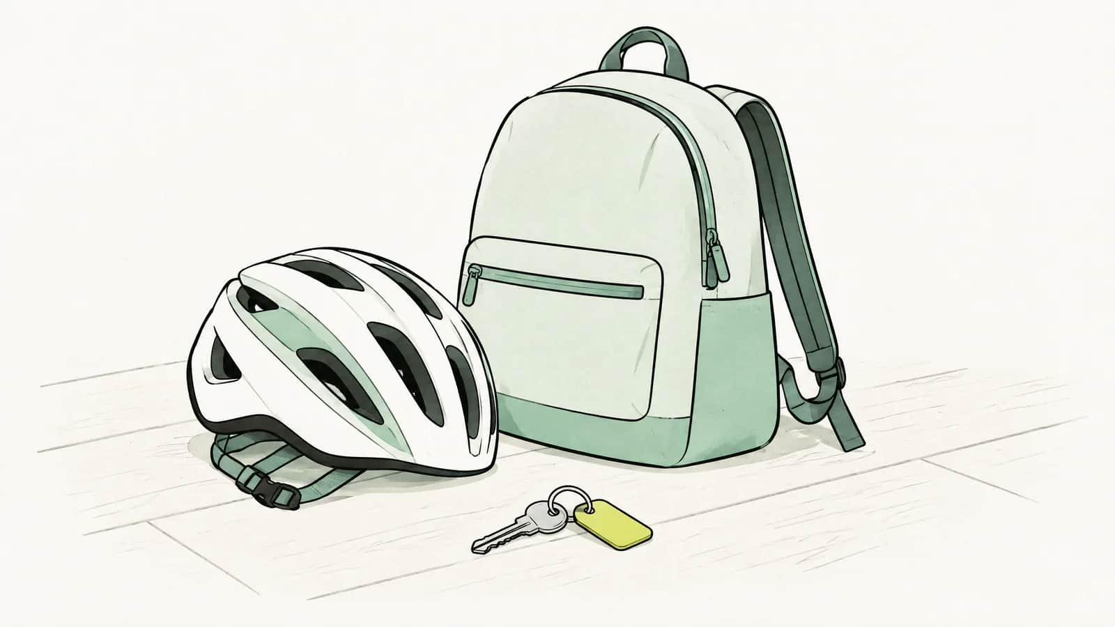 Illustration: Velohelm, Studentenrucksack und ein Schlüssel der ersten eigenen Wohnung auf hellem Holzboden