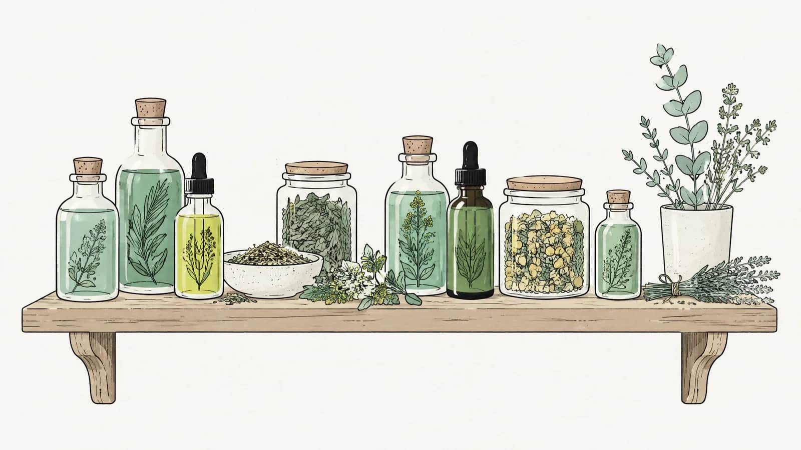 Illustration: Kleine Glasfläschchen mit Kräutertinkturen und getrocknete Kräuter auf einem hölzernen Apothekerregal