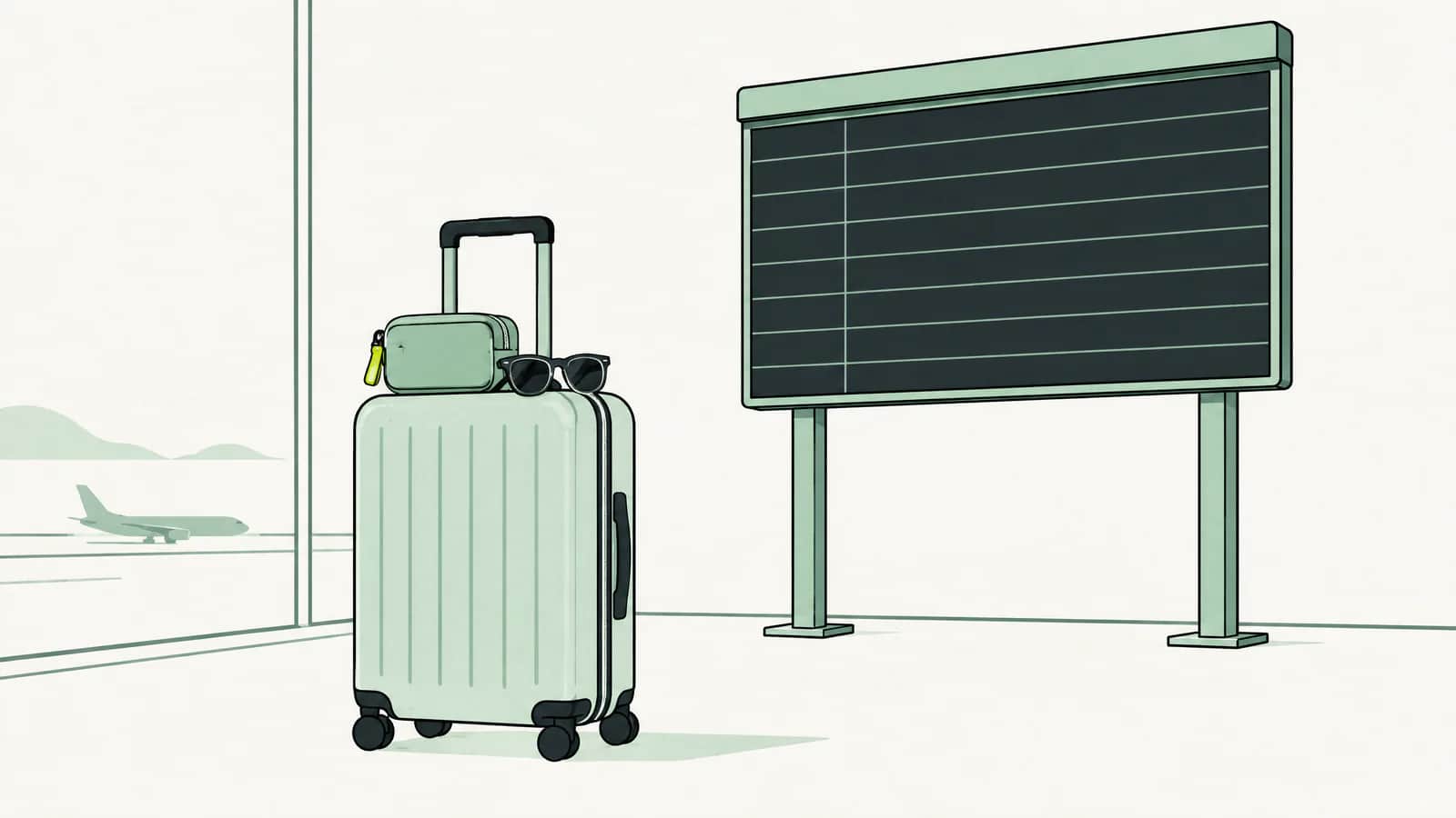 Illustration: Koffer mit Erste-Hilfe-Etui und Sonnenbrille neben einer leeren Abflugtafel