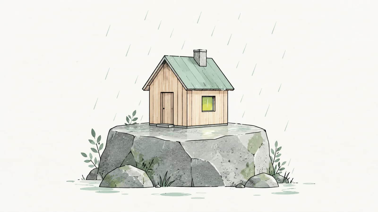 Illustration: Kleines Holzhausmodell steht sicher auf einem grösseren Steinsockel, darüber fällt leichter Regen