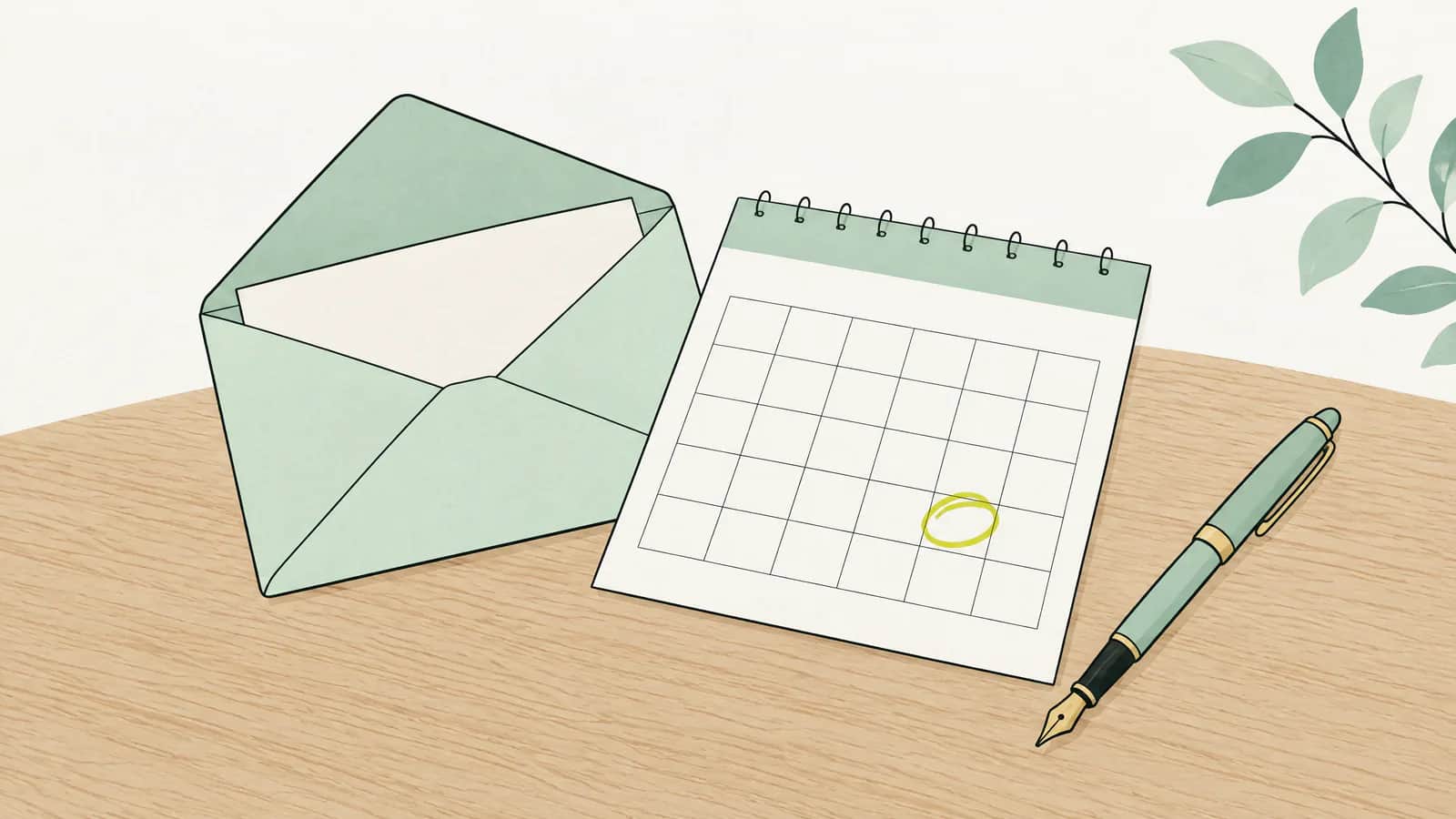 Illustration: Offener Briefumschlag und Kalenderblatt mit eingekreistem 30. neben einem Füllfederhalter auf einem Eichentisch