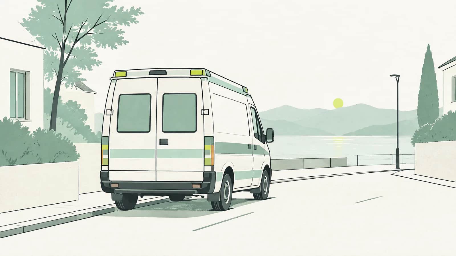 Illustration: Geparktes Krankenwagenmodell mit geschlossenen Hecktüren auf einer ruhigen Strasse in der Morgendämmerung