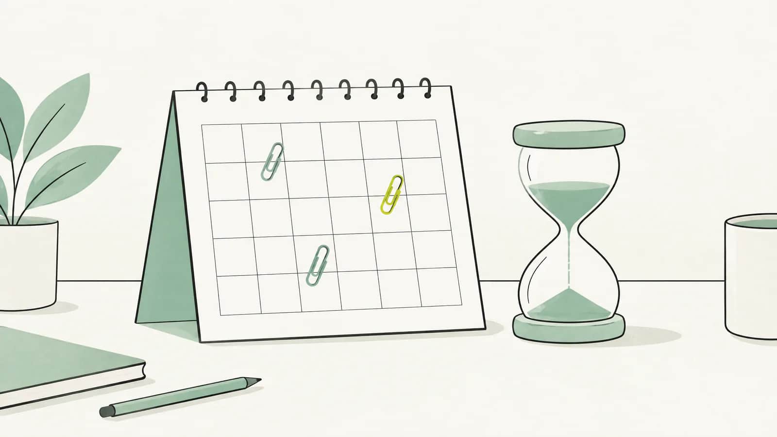 Illustration: Wandkalender mit drei Daten, die mit Büroklammern markiert sind, daneben eine Sanduhr auf einem Schreibtisch