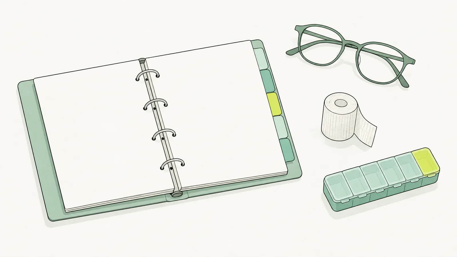 Illustration: Offener Ringordner mit farbigen Registern, daneben Brille, Verbandsrolle und Pillendose auf einem Schreibtisch