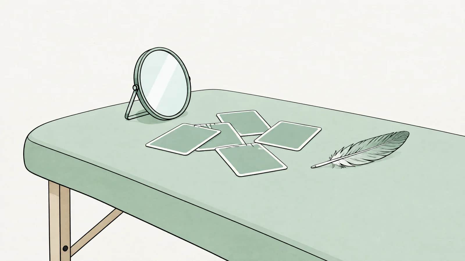 Illustration: Ein kleiner Spiegel, umgedrehte Bildkarten und eine Feder auf einem hellen Therapietisch