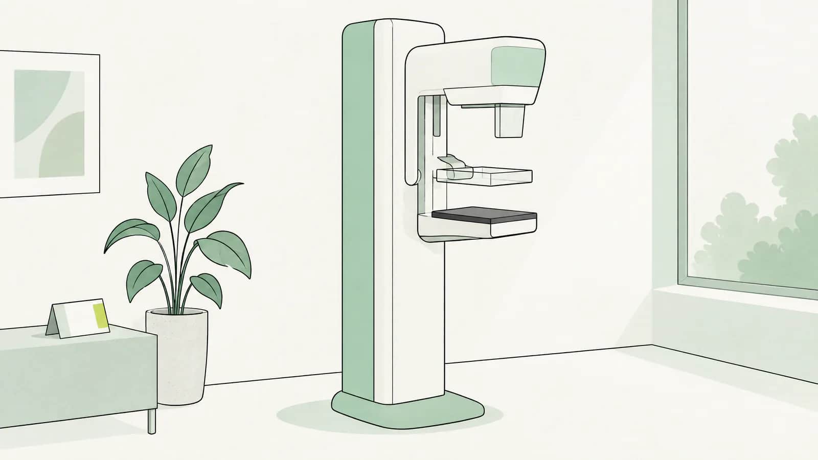 Illustration: Ruhiger Radiologieraum mit Bildgebungsgerät und einem gefalteten Untersuchungshemd auf einem Stuhl