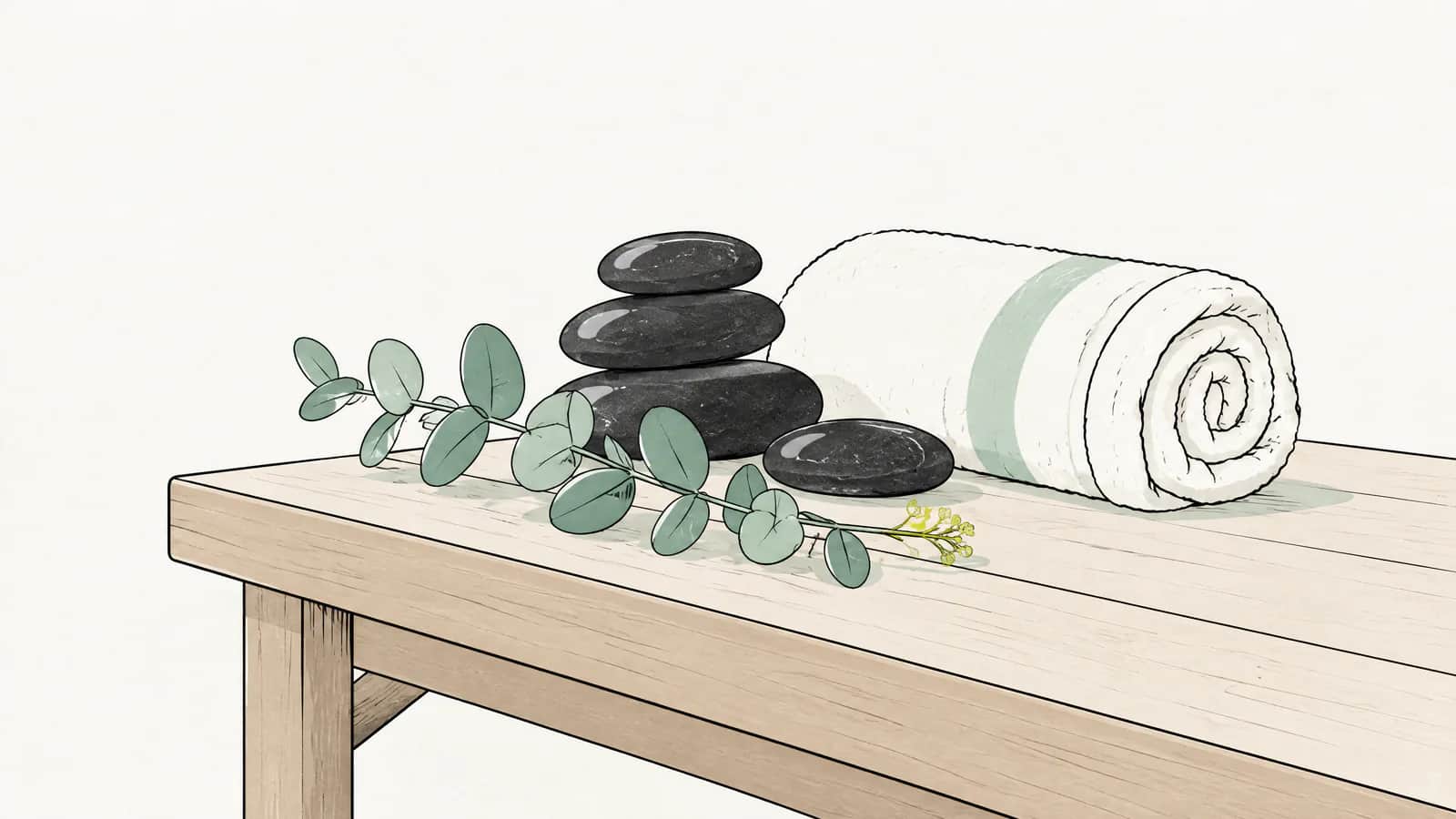 Illustration: Glatte Massagesteine und ein gerolltes Handtuch auf einer Holzliege, daneben ein Eukalyptuszweig