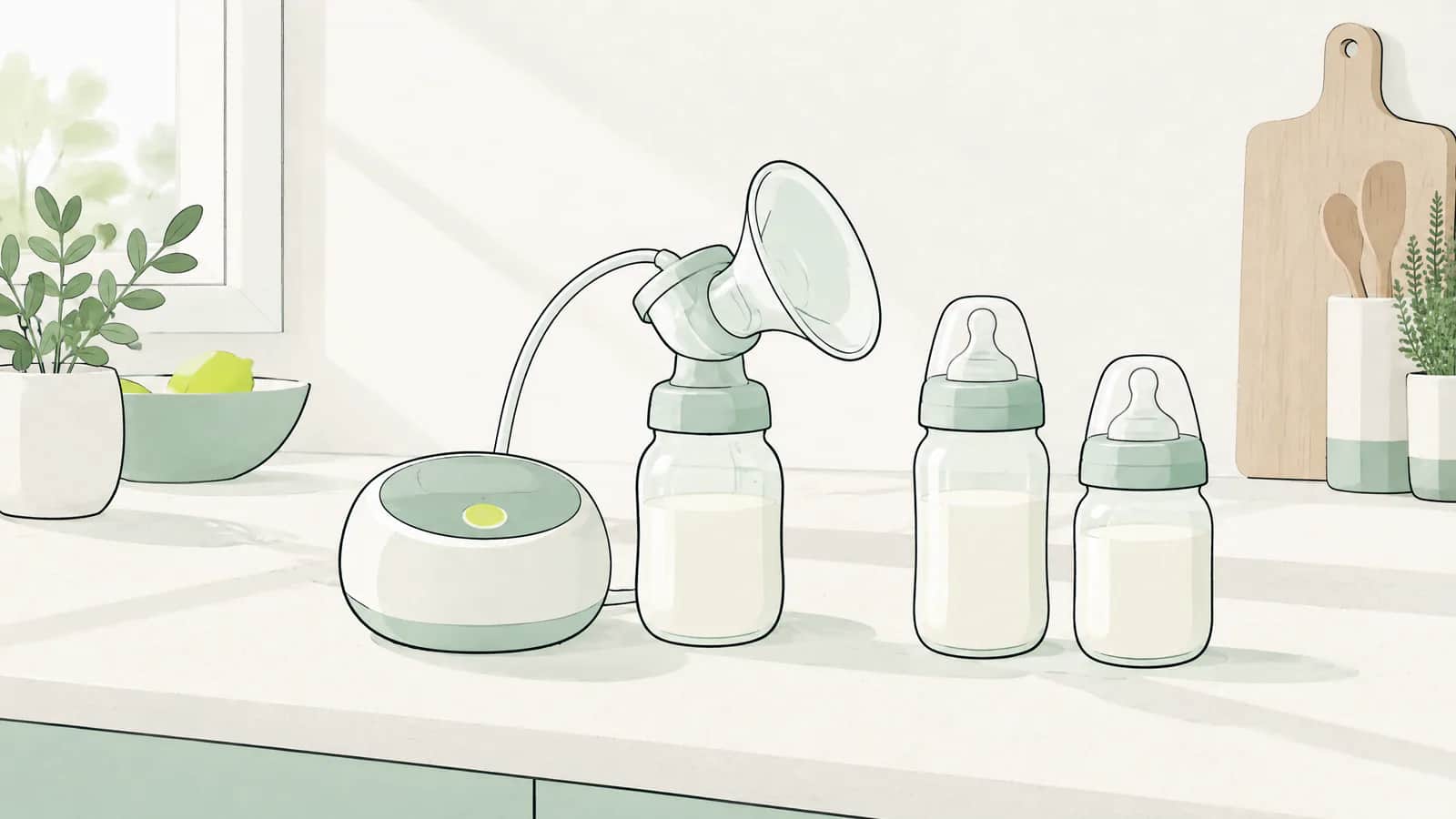 Illustration: Elektrische Milchpumpe und zwei Schoppenflaschen auf einer hellen Küchenablage im Morgenlicht