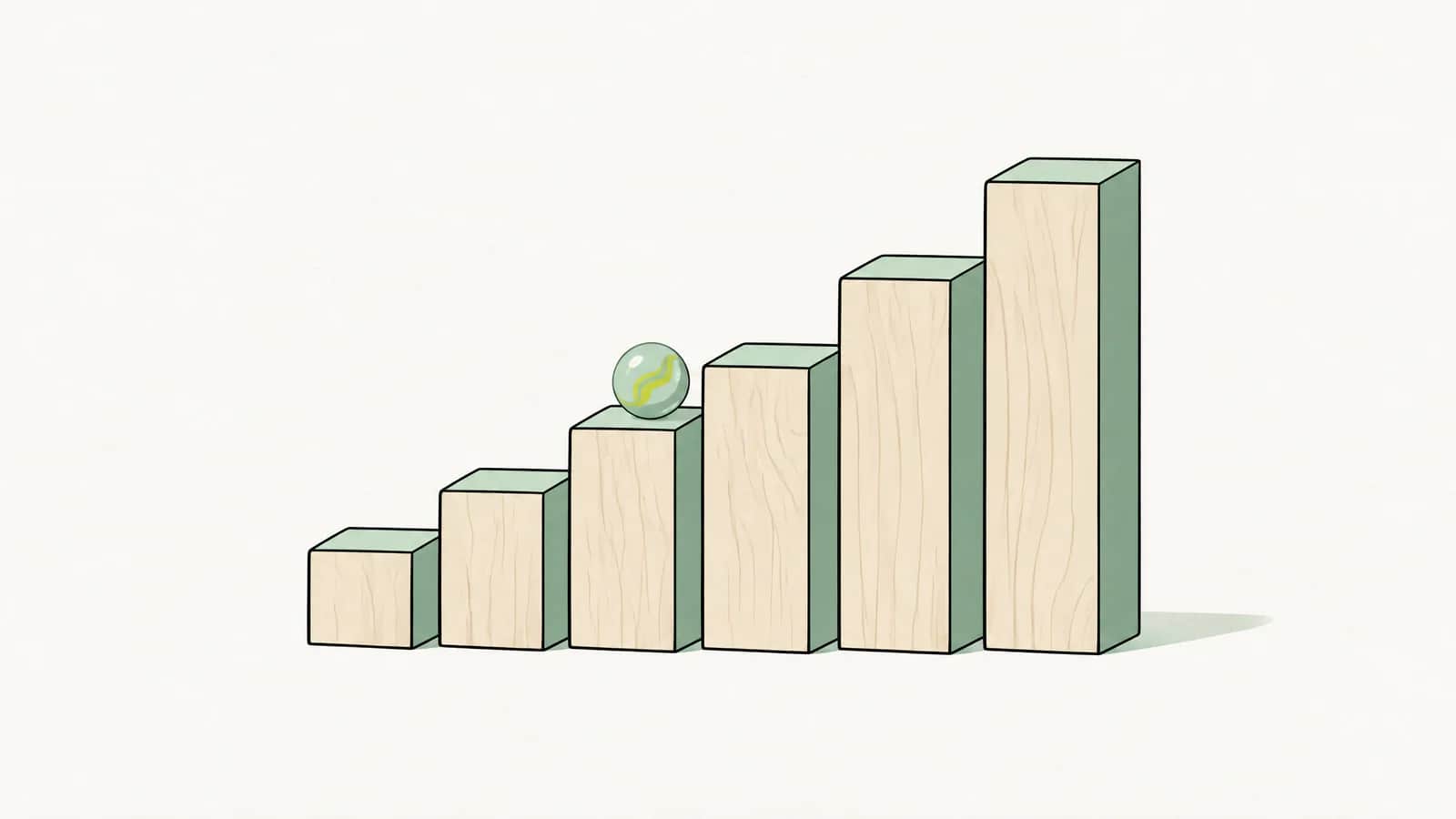 Illustration: Treppe aus sechs Holzklötzen mit steigender Höhe, auf der mittleren Stufe liegt eine kleine Murmel