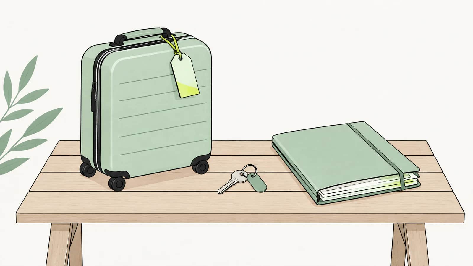 Illustration: Gepackter Koffer mit Anhänger neben Hausschlüssel und Dokumentenmappe auf einer Holzbank