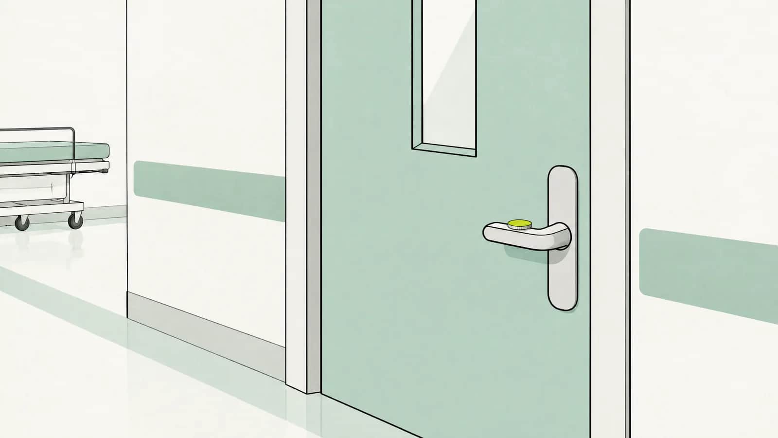 Illustration: Tür einer Notaufnahme in ruhigen Farben, auf dem Türgriff liegt eine kleine Münze