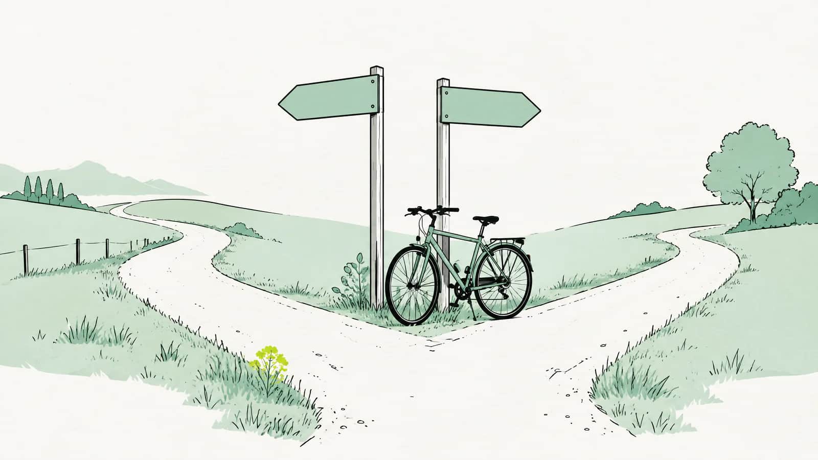 Illustration: Weggabelung mit zwei Wegweisern ohne Beschriftung, an der Kreuzung steht ein Pendlervelo