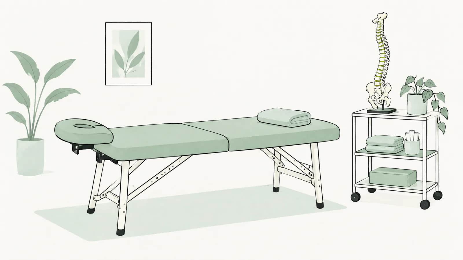Illustration: Behandlungsliege mit gefaltetem Handtuch, daneben ein Wagen mit kleinem Modell einer Wirbelsäule