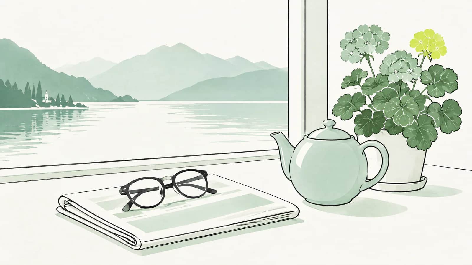 Illustration: Lesebrille auf einer gefalteten Versicherungsabrechnung neben Teekanne und Geranie am Fenster mit Seeblick