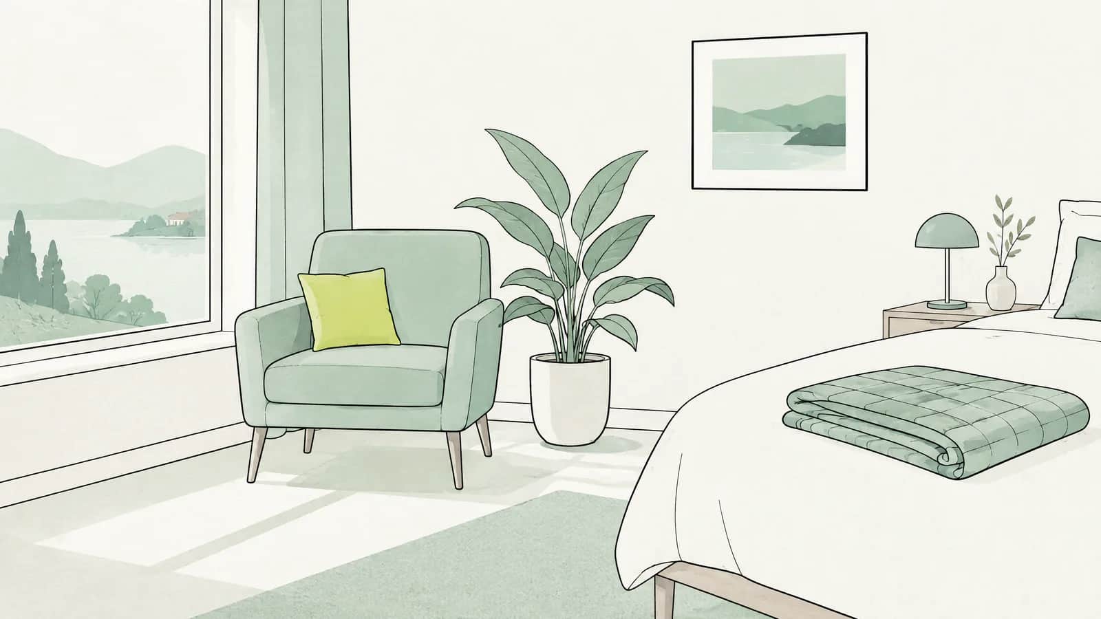 Illustration: Ein aufgeräumtes Zimmer mit einem Sessel am Fenster, einer Topfpflanze und einer gefalteten Decke auf dem Bett