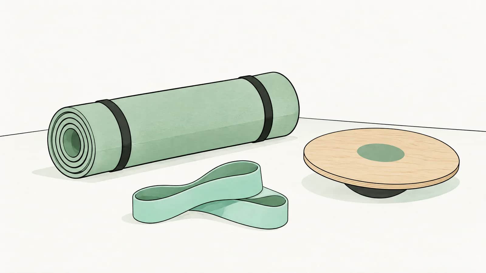 Illustration: Gerollte Übungsmatte, ein Widerstandsband und ein kleines Balancebrett aus Holz auf einem Praxisboden